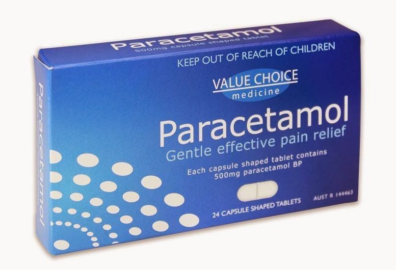 blå pakke med hvit skrift der det står paracetamol, medisinsk produkt